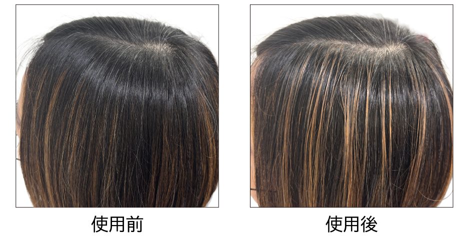 ヘアマスカラのカラーサンプル（ラテブラウン）。使用前後を比較し、生え際・分け目になじむ自然な仕上がりを示した画像