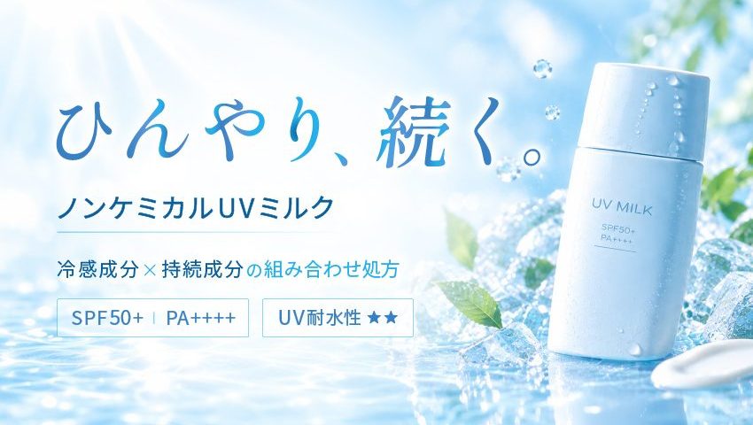ノンケミカルUVミルクのバナー。氷と水しぶきを背景に白い日焼け止めボトルが立ち、「ひんやり、続く。」「冷感成分×持続成分の組み合わせ処方」「SPF50+ PA++++」「UV耐水性★★」の文字が入っている